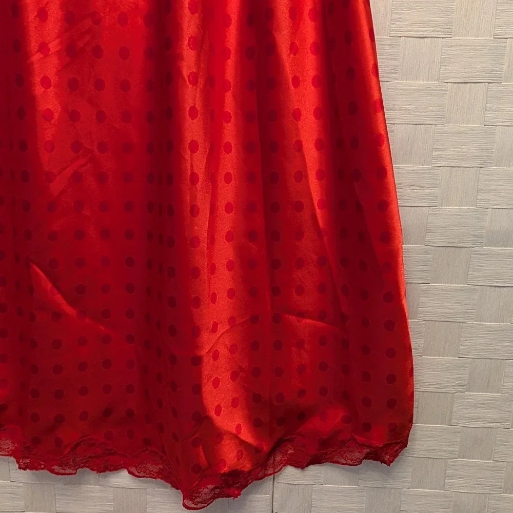 Cacique Red Polka Dot Satin‎ Chemise Lace Trim Caged Back Nightgown 14/16